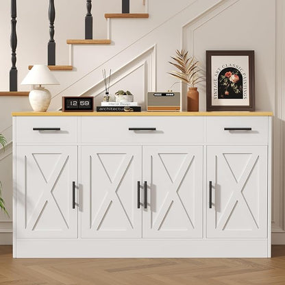 Vongrasig Buffet Cabinet with Storage, Farmhouse Coffee Bar Cabinet with Drawers, 53” Large Modern Sideboard Buffet with Adjustable Shelves for Kitchen, Dining Room, White