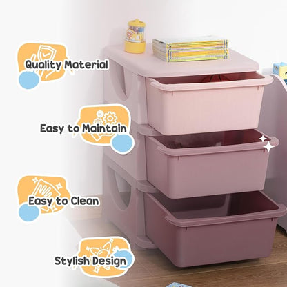 Qaba 3 Drawers Kids Storage Unit, 3 Tier Stackable Toy Organizers and Storage Chest for Bedroom, Nursery, Playroom, Living Room, Boys, Girls, Toddlers, Pink