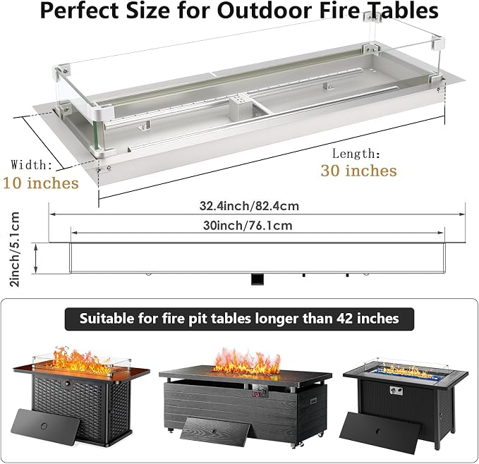 Hisencn 30 x 10 Inch Drop-in Fire Pit Kit, Premium Stainless Steel Modern Fire Trough with Tempered Glass Wind Guard, Built-in Outdoor Table Flame Feature for Patio, Backyard & Entertaining