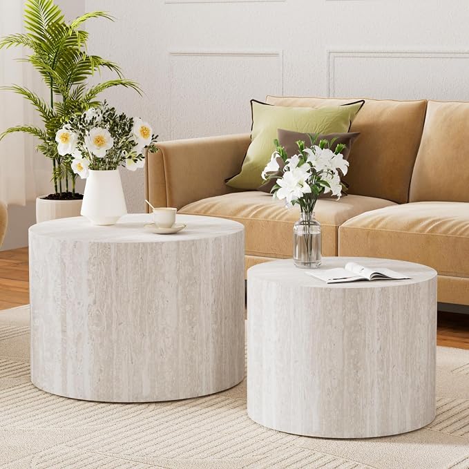 Round Nesting Coffee Table Set of 2 Modern Small Round Travertine Coffee Tables Travertine End Side Table Circle Nested Coffee Tables for Living Room (Travertine B)