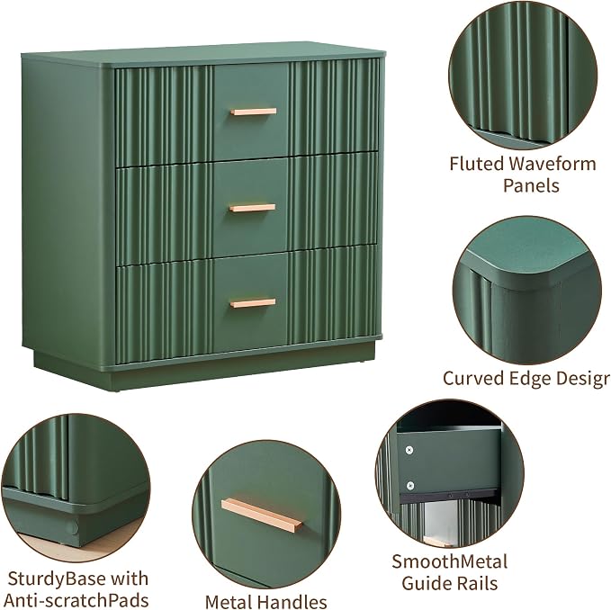 Fluted Dresser for Bedroom with 3 Drawers, 31.5" Wide Modern Chest of Drawers with Curved Profile Design, Wood Closet Clothes Storage Organizer for Living Room, Entryway, Hallway, Green