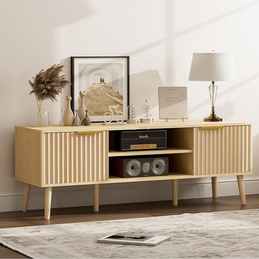 LCRBOL TV Stand with Fluted Doors for TVs up to 65", Modern, Natural | 54.3"W x 15.3"D x 19.6"H, 150 lbs capacity, 2 fluted door cabinets & 2 adjustable shelves, cable holes, 5 tapered legs.