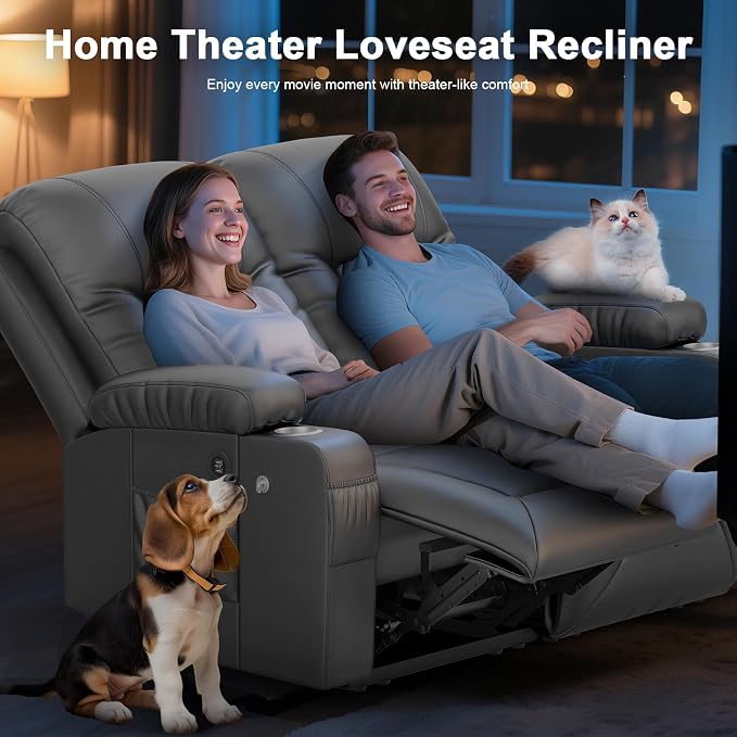 RV Loveseat Recliner Sofa, Reclining Loveseat Wall Hugger Recliners with USB Ports, Cup Holders, Insert Pockets, RV Recliners for Travel Trailers & Living Room, RV Furniture | RV Couch | Gray