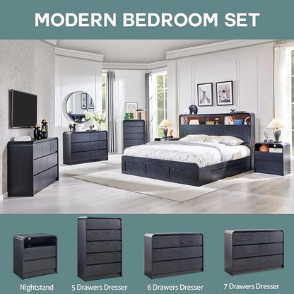 Aitjunz Modern 6 Drawers Dresser for Bedroom, 47" Wide Wood Dressers & Chests of Drawers w/Curved Profile Design, Mid Century Modern Dresser w/Natural Texture for Bedroom, Living Room, Black