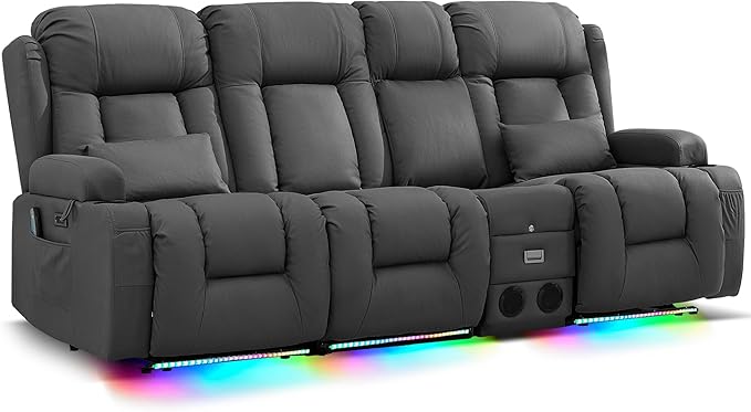 URRED Power Loveseat Recliner Sofa with Massage and Heat, Wall Hugger Reclining Loveseat with Console, RV Couch Home Theater Seating with LED Lights for Living Room (Gray, 89.8" - 3 Seats)