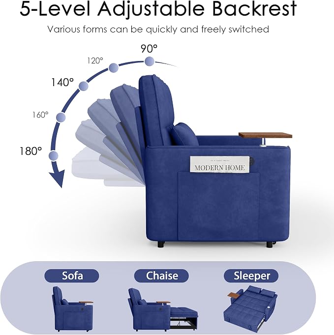 54'' Sleeper Sofa Bed, Convertible Pull Out Couch Futon for for Living Room,Apartment (Blue) Side Desk, USB Ports, Cup Hold, Velvet Fabric, Adjustable Backrest, Easy Assembly