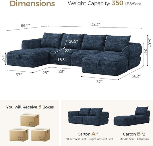 132" Modular Sectional Sofa with Deep Seat, U-Shaped Cloud Couch for Living Room, 4-Seater Boneless Sofa with 2 Ottomans, Flexible Combination Modern Upholstery Sofa, No Assembly Required, Aqua Blue