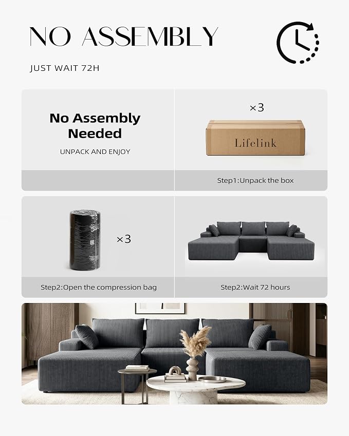 Lifelink 108" Boneless Couch U-Shaped - Modular Sectional Couches for Living Room Cloud Sofa with Deep Seat High Back Removable Ottoman No Assembly Required