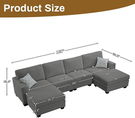 Legend Vansen Oversized Modular Sectional Sofa,6 Seat U Shaped Couch with Ottoman,Corduroy Sofa with Deep Seat,Convertible Large Sectional Couches for Living Room (Grey, U-6)