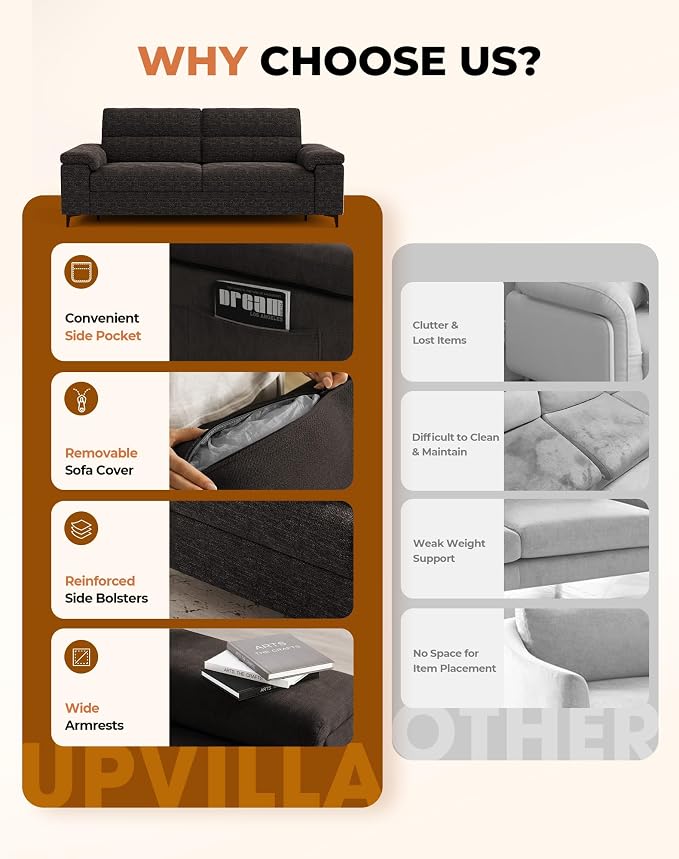 Upvilla 88.97" Modern Sofa Couch for Living Room, Deep Seat Sofa with 8”Cushion, Comfy 2-Seater Chenille Loveseat Sofa with Convertible Armrest, Removable Sofa Cover, High Leg (Dark Gray)