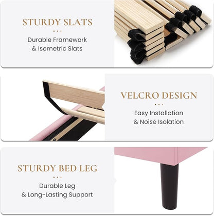 SHA CERLIN Queen Size Platform Bed Frame, Velvet Upholstered Bed with Adjustable Headboard, Vertical Channel Tufted Design, Sturdy Wood Slat Support, No Box Spring Needed, Easy Assembly, Pink