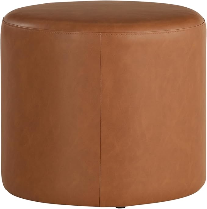 Lifestyle Solutions 19” Wentworth Ottoman Round Faux Leather Bench, Stationary Ottomans, Backless Chair, Footrest for Living Room, Footstool Office, Bedroom, Padded Seat, Caramel Brown