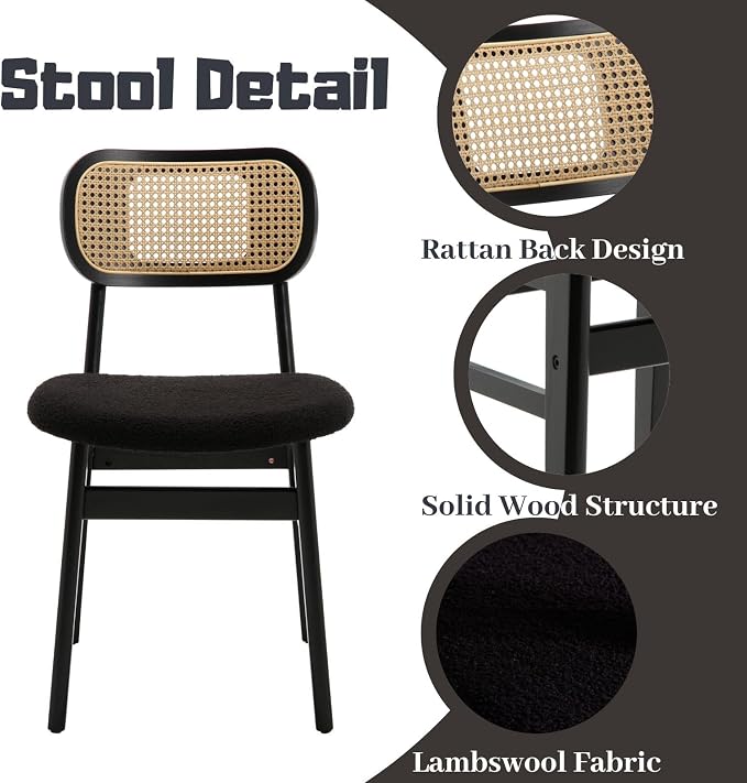 ROCITY Black Rattan Dining Chairs Set of 6 Lambswool Dining Room Chairs Natural Wooden Kitchen Chairs Farmhouse Boho Side Chairs