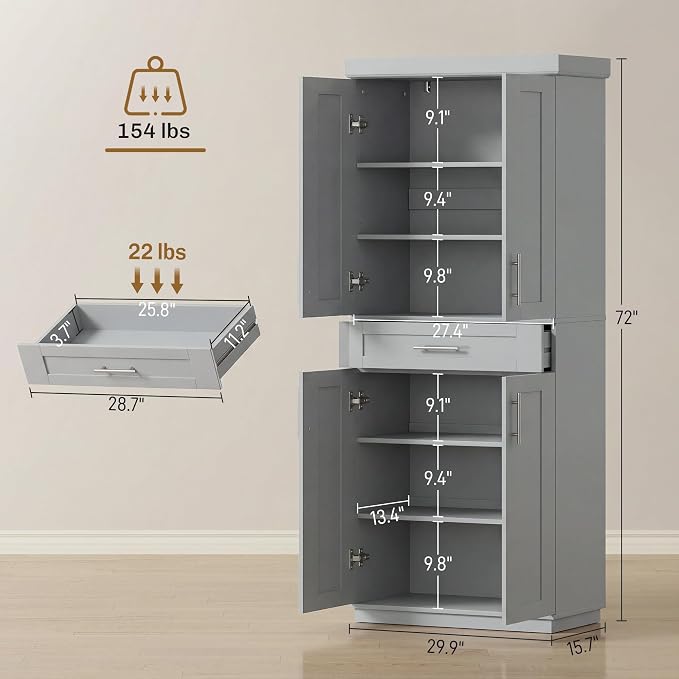 HOMCOM 72" Kitchen Pantry Cabinet, Freestanding Tall Storage Cabinet with 4 Doors, Drawer and 3 Adjustable Shelves for Dining Room, Gray