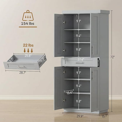 HOMCOM 72" Kitchen Pantry Cabinet, Freestanding Tall Storage Cabinet with 4 Doors, Drawer and 3 Adjustable Shelves for Dining Room, Gray