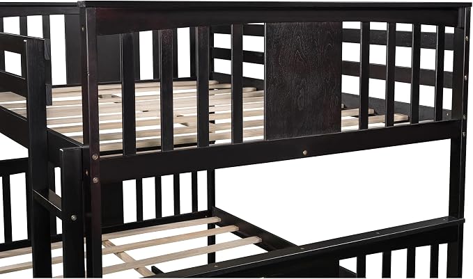 Merax Full-Over-Full Bunk Bed with Twin Trundle, Solid Wood Bunk Bed Frame with Guardrail and Removable Ladder, Can be Separated into 2 Beds, Espresso