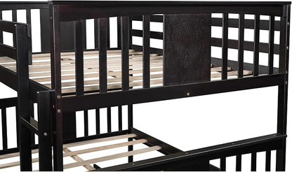 Merax Full-Over-Full Bunk Bed with Twin Trundle, Solid Wood Bunk Bed Frame with Guardrail and Removable Ladder, Can be Separated into 2 Beds, Espresso