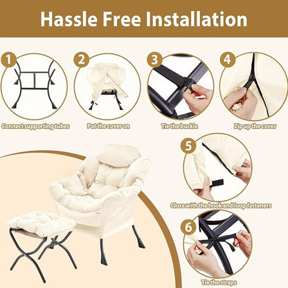Youtanic Lazy Chair with Folding Ottoman, Accent Chair Velvet Upholstered with Metal Structure and Non-Slip Pads, Sofa Armchair with Footrest and Side Storage Bag for Dorm, Room, Office, Beige