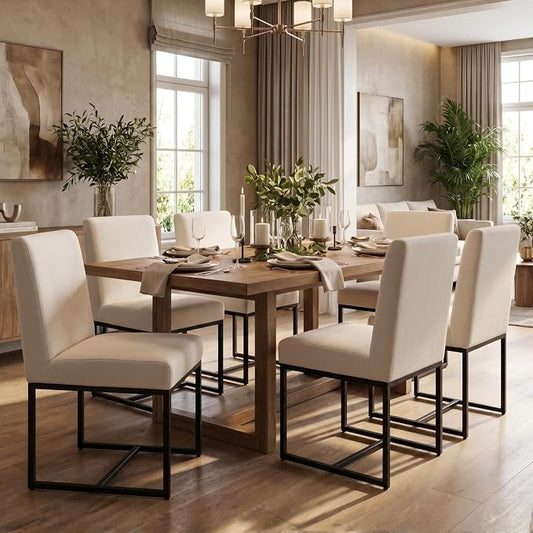 CIMOTA Modern Linen Dining Chair Set of 6, Mid Century Dining Room Chairs Fabric Upholstered Armless Side Chair with Black Sled Base for Dining Room, White Cream 6PCS