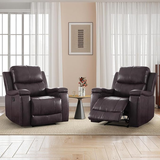 CANMOV Manual Recliner Chair Set of 2, Classic Faux Leather Recliner Chair with Overstuffed Arms and Back, Manual Single Sofa with Concealed Cup Holders, Dark Brown