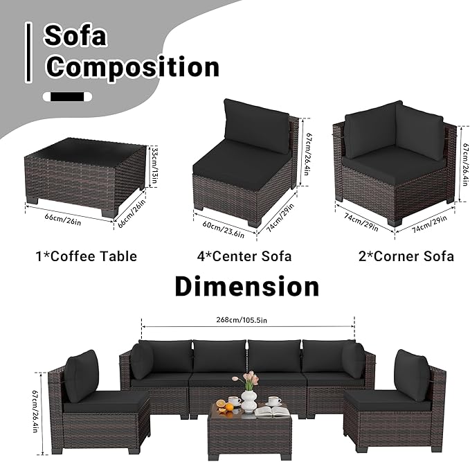 LAFWELL 7 Pieces Outdoor Patio Furniture Sets,Rattan Conversation Sectional Set,Manual Weaving Wicker Patio Sofa with Tea Table