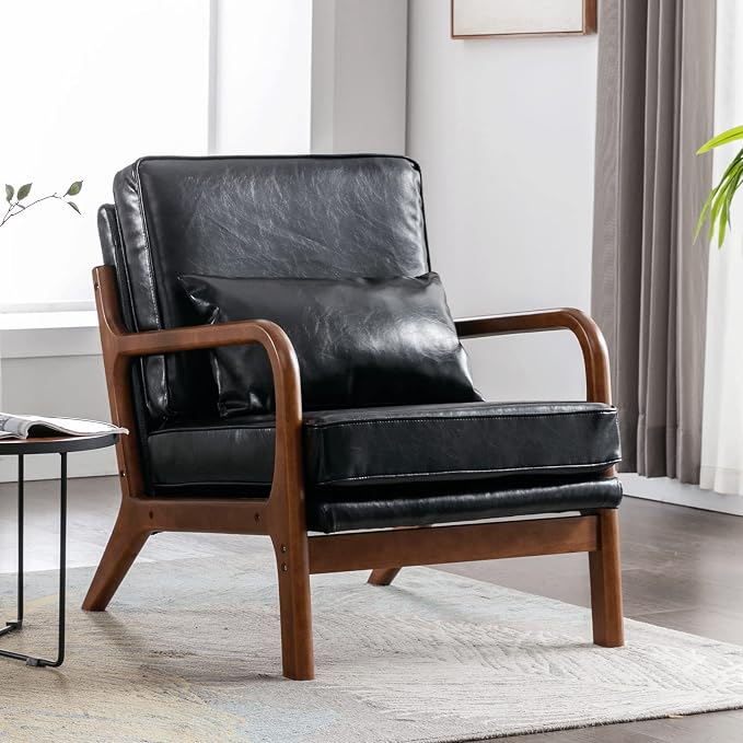 Deolme Mid Century Modern Accent Chair Living Room- Comfy Solid Wood Arm Chair with Lumber Pillow Lounge Decorative Black Leather Office Side Chair for Bedroom Reading Nook Sillas De Sala