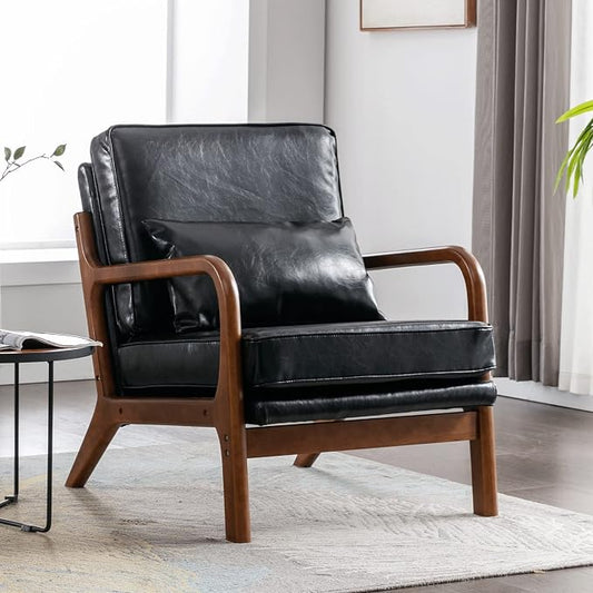 Deolme Mid Century Modern Accent Chair Living Room- Comfy Solid Wood Arm Chair with Lumber Pillow Lounge Decorative Black Leather Office Side Chair for Bedroom Reading Nook Sillas De Sala
