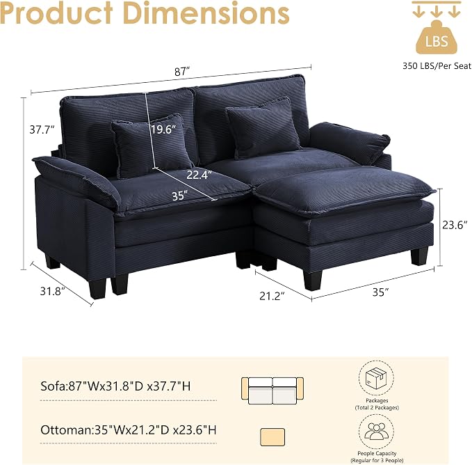 87" Corduroy Modular Sectional Sofa, Convertible L Shaped Modular Sofa Comfy Cloud Couch with Ottoman, Side Pockets and 2 Throw Pillows for Living Room, Blue, 3 Seats