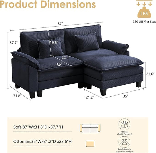 87" Corduroy Modular Sectional Sofa, Convertible L Shaped Modular Sofa Comfy Cloud Couch with Ottoman, Side Pockets and 2 Throw Pillows for Living Room, Blue, 3 Seats