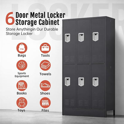 BUTISOW 6 Door Metal Storage Locker for Employees, Heavy Duty Steel School | Locker with Lift Up Handle & Recessed Hasp, Gym Office Lockers with Adjustable Shelves & Hooks, 72"H x 35.4"W x 15.75"D, Grey