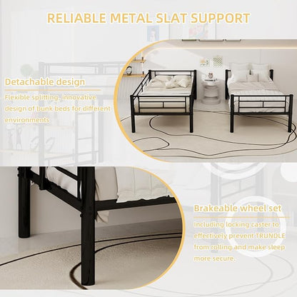 Metal Twin Over Twin Bunk Bed, Heavy-Duty Metal Bunk Bed, Noise Reduced Design/Safety Guardrail/2 Side Ladders/No Box Spring Needed (Black)