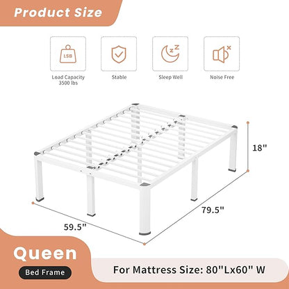 VIPSHOW 18 Inch White Queen Heavy Duty 3500 lbs Bed Frame with Round-Corner Legs & Anti-Squeak Design – Quick Assembly Metal Platform, No Box Spring Needed