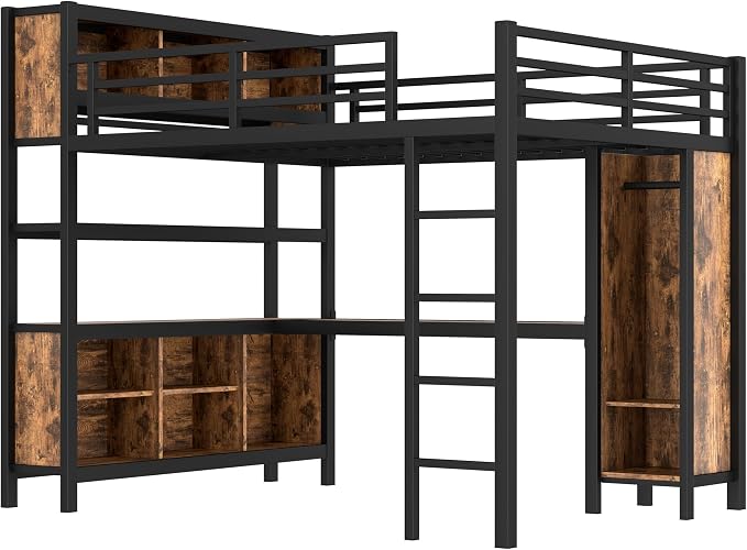Bellemave Queen Size Loft Bed with Desk, Wardrobe, Storage Cubes and Shelves, Metal Queen Loft Bed Frame for Adults, Kids, Teens, Black and Woodgrain