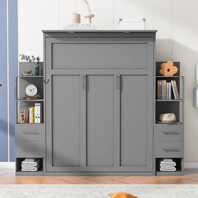 Queen Murphy Bed Cabinet, Space Saving Wall Bed with Storage and Lights | Flexible slats support an 8-inch mattress, while 2 four-layer shelves and 4 drawers help keep essentials organized