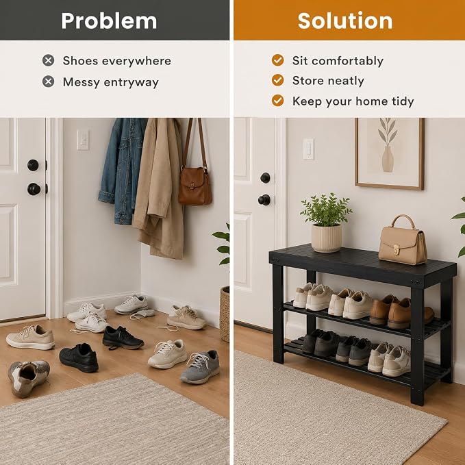 Shoe Rack Bench, 3-Tier Shoe Storage Organizer for Entryway , Shoe Shelf for Small Spaces, Multi-Functional Side Table Plant Stand, Shoe Stand for Bedroom, Living Room, Closet, Front Door, Black