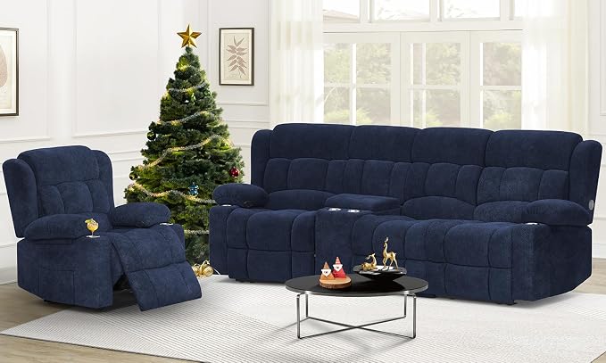 Dresegmt Recliner Sofa Set with Storage Console, Flip Middle Backrest Design 3 Seater Reclining Sofa and Single Recliner Chair, Manual Couches for Living Room (Blue, 3 Seat+Console+1)