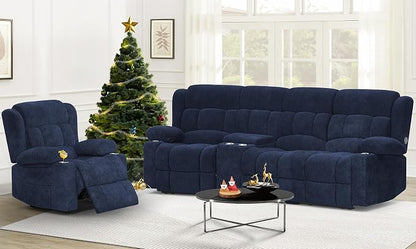 Dresegmt Recliner Sofa Set with Storage Console, Flip Middle Backrest Design 3 Seater Reclining Sofa and Single Recliner Chair, Manual Couches for Living Room (Blue, 3 Seat+Console+1)
