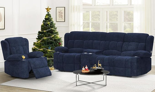 Dresegmt Recliner Sofa Set with Storage Console, Flip Middle Backrest Design 3 Seater Reclining Sofa and Single Recliner Chair, Manual Couches for Living Room (Blue, 3 Seat+Console+1)