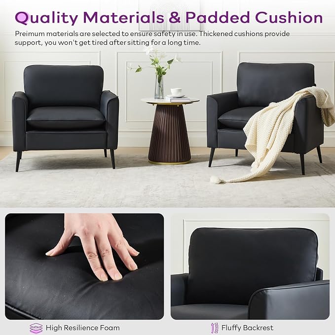 TYBOATLE Accent Chairs Set of 2, Black Faux Leather Chairs, Mid Century Modern Comfy Living Room Chairs, Cozy Office Reading Chair, Reception Armchairs for Bedroom, Waiting Room