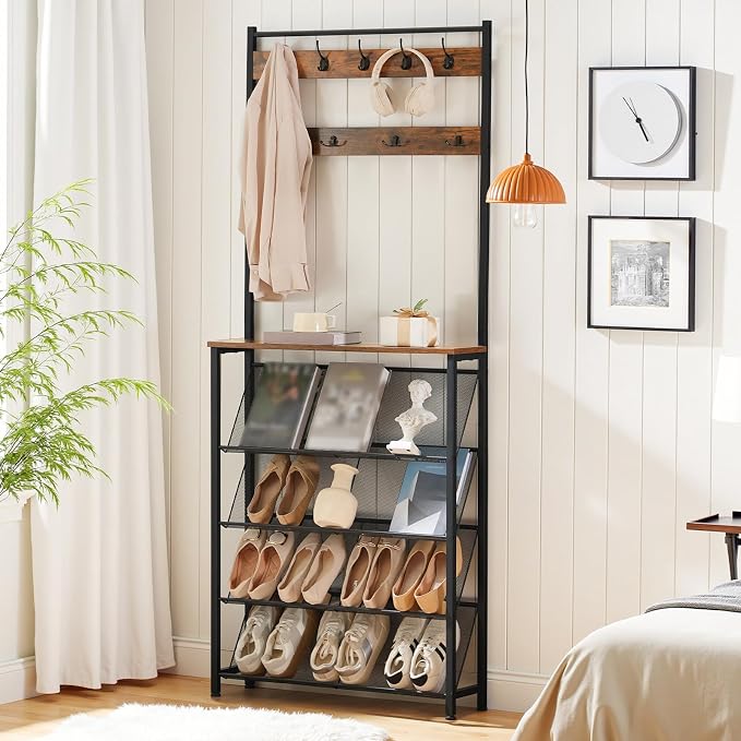HOOBRO Hall Tree with Bench, Narrow Shoe Rack with Coat Rack, Coat Rack with Shoe Storage, 5 Tier Slanted Shoe Storage Organizer, Coat and Shoe Rack Entryway, Slim Hall Tree, Rustic Brown BF20MT01
