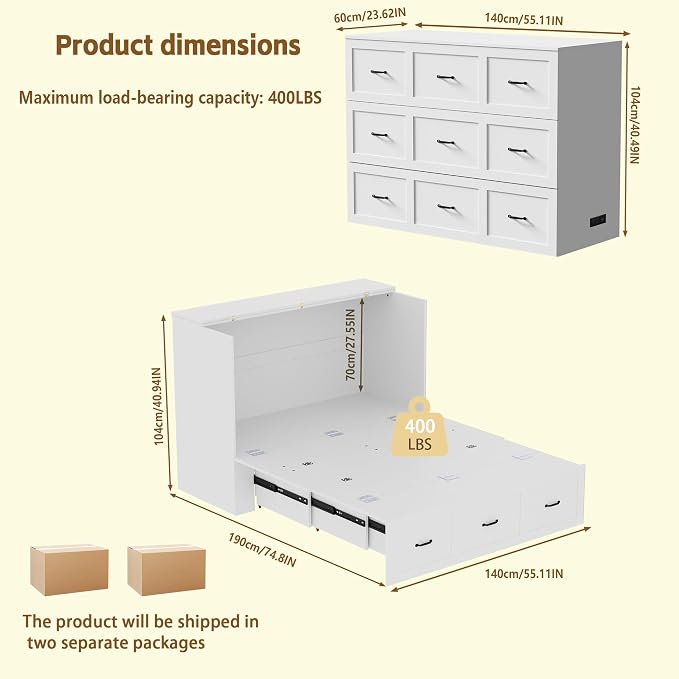 Full Size Murphy Bed with Storage & Charging Station – Farmhouse Cabinet Bed, Space Saving & Noise-Free Wall Bed for Guest Bedroom, Living Room, Office, White