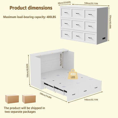 Full Size Murphy Bed with Storage & Charging Station – Farmhouse Cabinet Bed, Space Saving & Noise-Free Wall Bed for Guest Bedroom, Living Room, Office, White