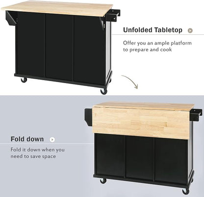 Large Kitchen Island with Rubber Wood Drop Leaf, Rolling Kitchen Cart with Ample Storage on Wheels with Doors and Drawers for Dining Room (Modern Black, Black Handle, 53Inch)