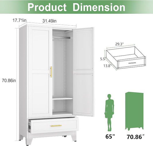 Ckzbx 71" H Metal Armoire Wardrobe Closet with Drawer, Adjustable Shelf, Clothes Drying Pole, Clothes Storage Closet for Bedroom (White)