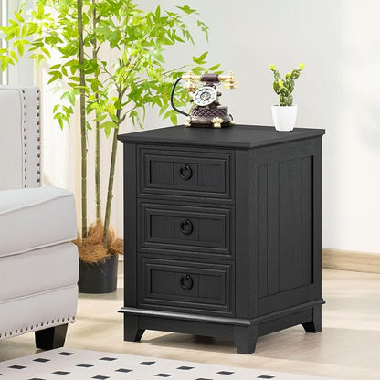 Joaxswe Farmhouse Night Stand Set of 2, 18" End Table with 3 Drawer Metal Handle, Dresser for Bedroom, Sofa Bed Side Table Chest of Drawers,Wood Nightstand Cabinet for Organizer, Living Room-Black