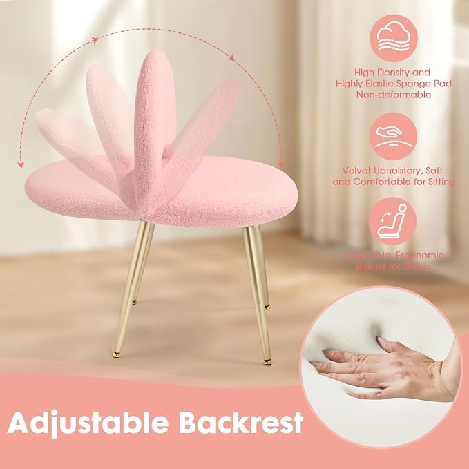 Vanity Chair with Backrest, Boucle Upholstery Armless Makeup Stool, Pink Vanity Stool with Gold Metal Legs for Bedroom Living Room Kitchen Dinning Room (Gold and Pink)