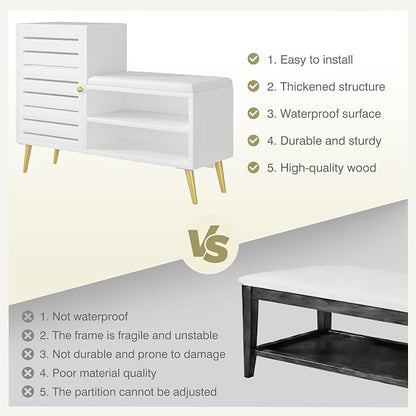 VECELO Shoe Storage Bench with Door&Shelf, Entryway Bench with Seat Cushion, for Hallway, Bedroom, Living Room, L-Shaped, White
