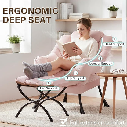 Welnow Lazy Chair with Ottoman, Modern Accent Chair with Armrests and a Side Pocket, Leisure Sofa Armchair, Reading Armchair with Footrest for Small Space, Pink
