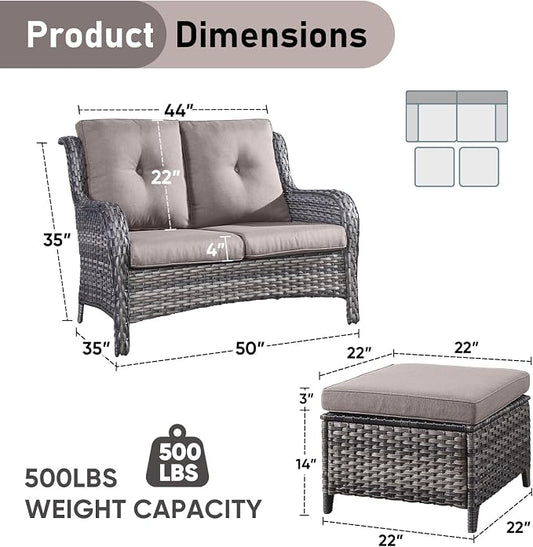 Outdoor Loveseat Sofa - 3 Piece Patio Furniture with Ottoman Deep Seating Patio Couch for Porch Deck Garden Backyard - Grey/Grey