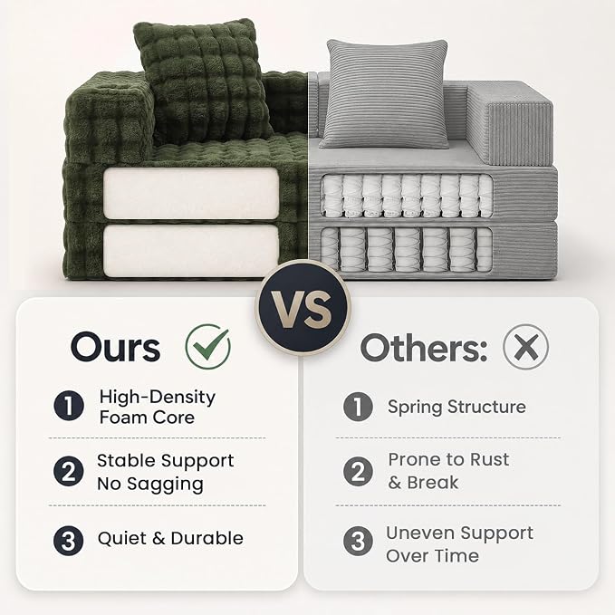 COMAX Futon Sofa Bed, Convertible Sofa Bed, Folding Boneless Couches | Boneless Couch for living room, Fold Out Small Foldable Loveseat Floor Sleeper Mattress Lounge Space‑Saving, Classic Green